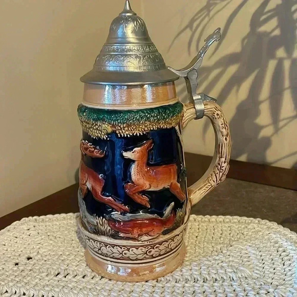 Vintage Lidded Stein Deer Fox Western Germany 9” - Picture 2 of 10